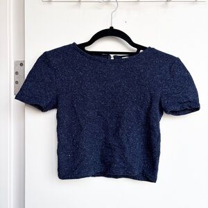 Alice + Olivia Blue Marl Knit Crop Top Wool Silk Blend Size 0 Short Sleeve